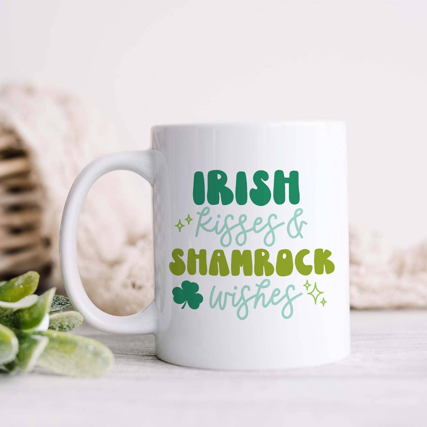 Irish Kisses   Shamrock Wishes  St Patricks Day Ceramic Mug: 11oz