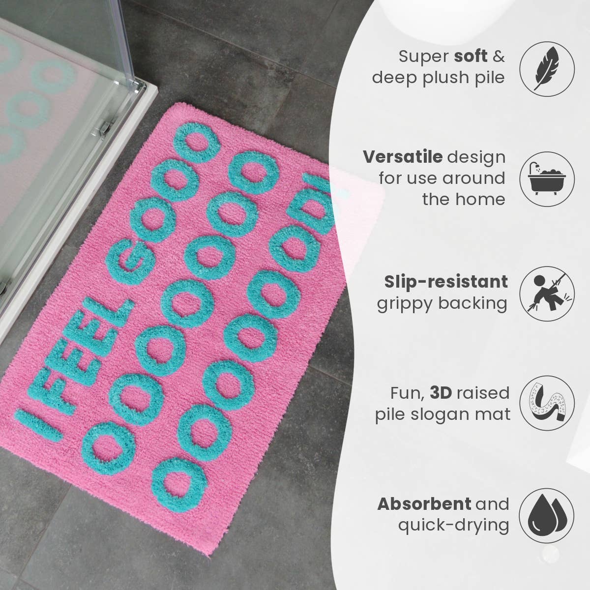 I Feel Good Slogan Bath Mat Non Slip, Colourful Tufted Rug