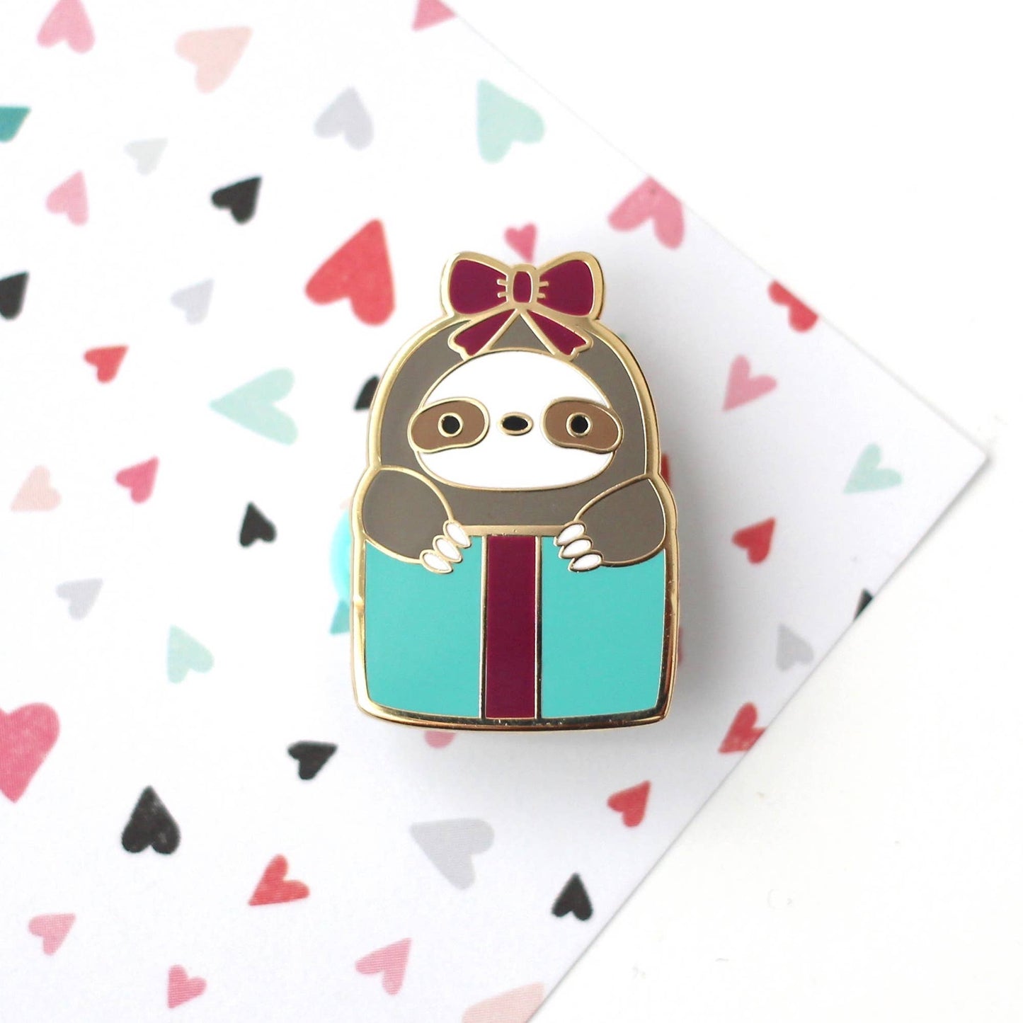 Sloth in a Gift Box Enamel Pin. Christmas Sweater Brooch