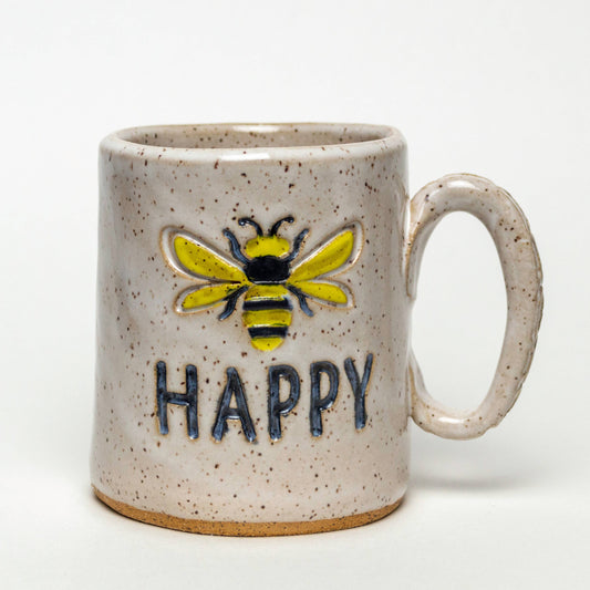 Bee Happy Pattern Handmade, in Ohio, Ceramic White 14oz Mug