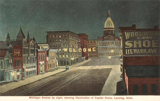 Night, Michigan Avenue, Lansing, Postcard